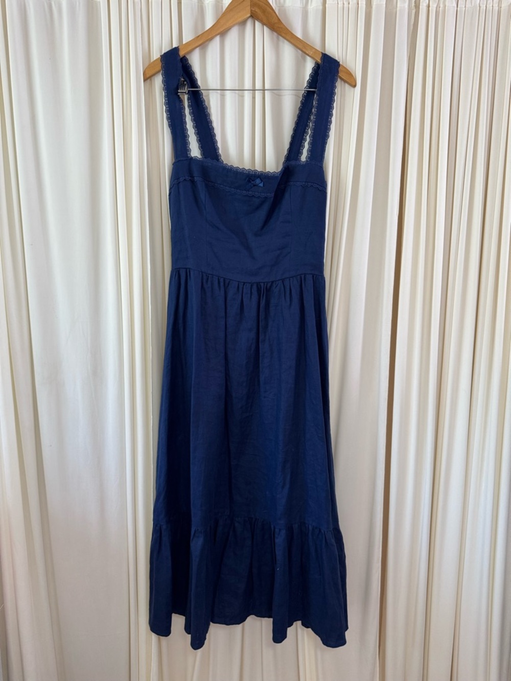Reformation Rowen Sleeveless Smock Tiered Linen Midi Summer Dress Navy Blue Sz 8 - Picture 3 of 8